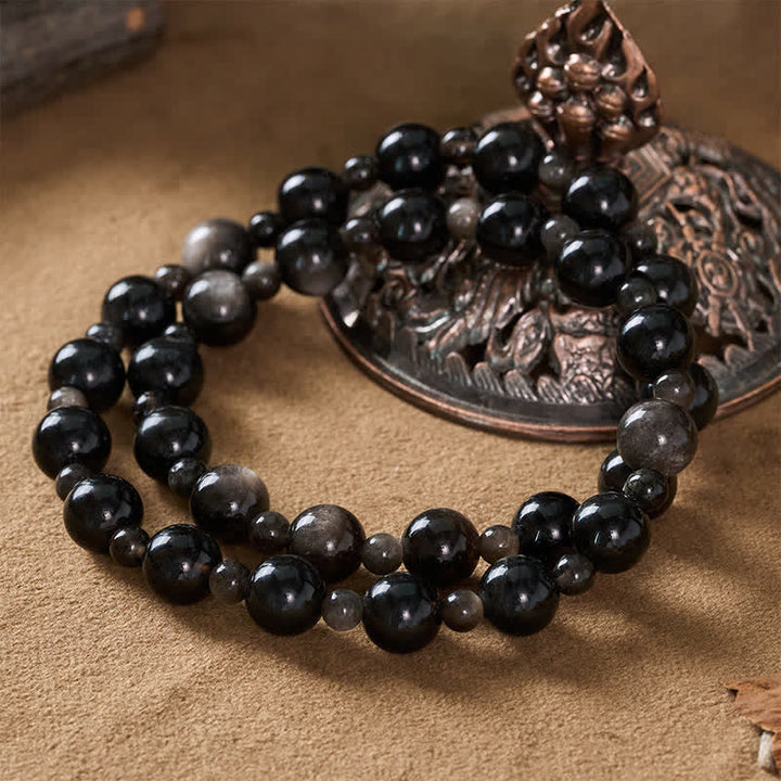 Buddha Stones Bracciale protettivo con perline rotonde a singolo e doppio strato in ossidiana nera - image 12