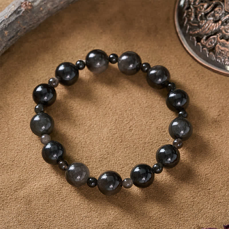 Buddha Stones Bracciale protettivo con perline rotonde a singolo e doppio strato in ossidiana nera - image 3
