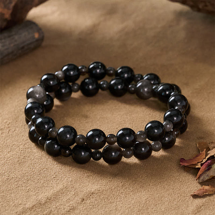 Buddha Stones Bracciale protettivo con perline rotonde a singolo e doppio strato in ossidiana nera - image 11
