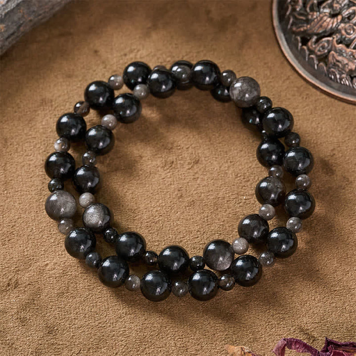 Buddha Stones Bracciale protettivo con perline rotonde a singolo e doppio strato in ossidiana nera - image 9