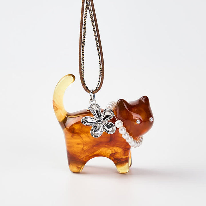 Buddha Stones Collana con ciondolo a forma di gatto nero e marrone in resina, fiore di perla e perlina, simbolo della pace. - image 1