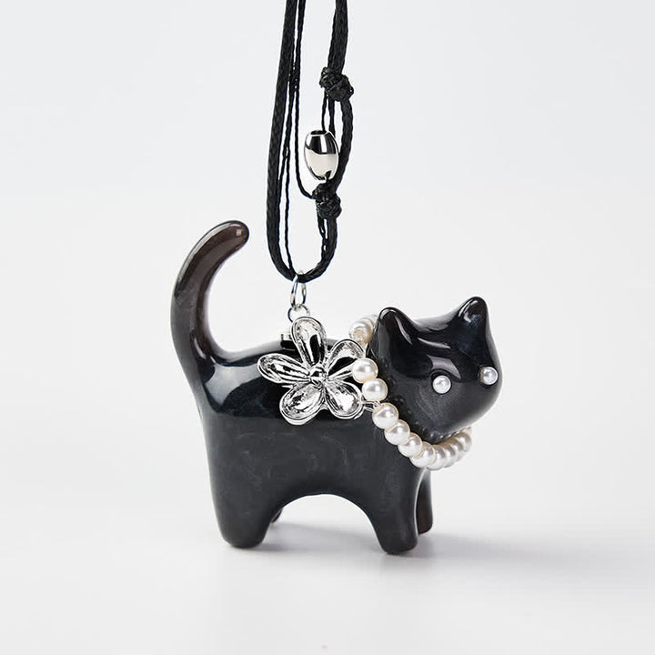 Buddha Stones Collana con ciondolo a forma di gatto nero e marrone in resina, fiore di perla e perlina, simbolo della pace. - image 8