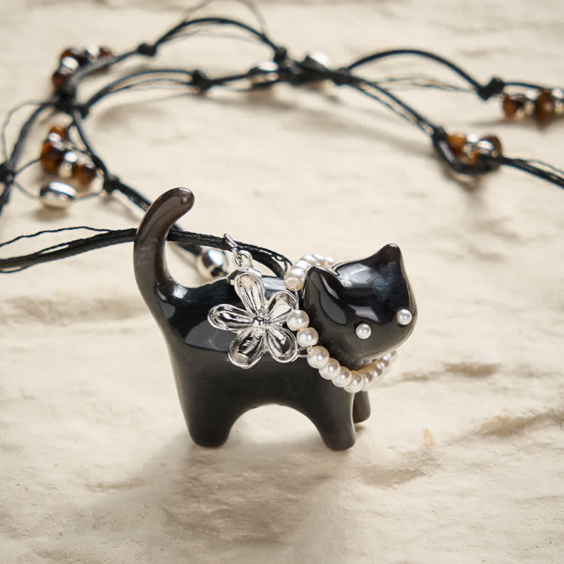 Buddha Stones Collana con ciondolo a forma di gatto nero e marrone in resina, fiore di perla e perlina, simbolo della pace. - Gatto nero - image 6