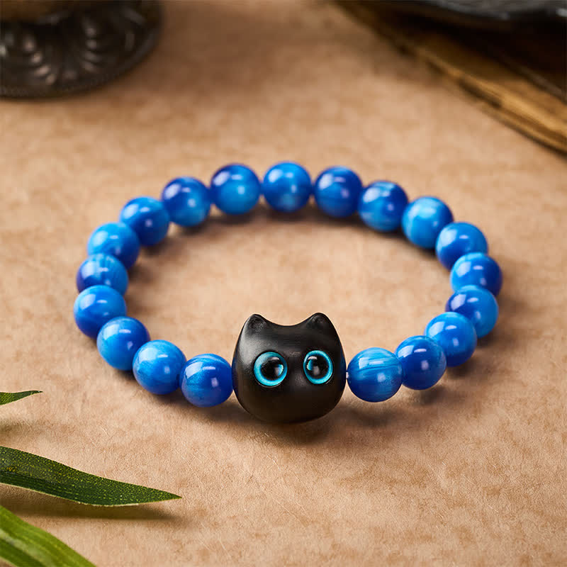 Buddha Stones Bracciale a forma di gatto con perline di resina blu e legno di ebano. - image 10
