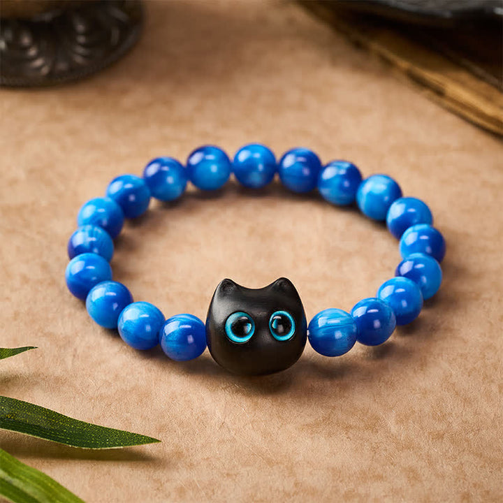 Buddha Stones Bracciale a forma di gatto con perline di resina blu e legno di ebano. - image 10