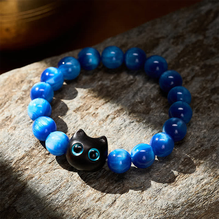 Buddha Stones Bracciale a forma di gatto con perline di resina blu e legno di ebano. - image 3