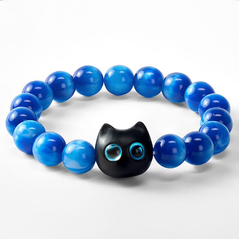 Buddha Stones Bracciale a forma di gatto con perline di resina blu e legno di ebano. - image 6