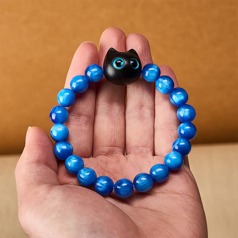 Buddha Stones Bracciale a forma di gatto con perline di resina blu e legno di ebano. - image 14
