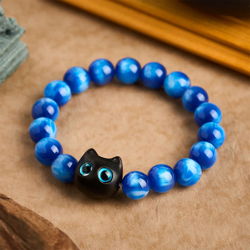 Buddha Stones Bracciale a forma di gatto con perline di resina blu e legno di ebano. - 12 mm (Circonferenza del polso: 6,7-7,1 pollici / 17-18 cm) - image 0