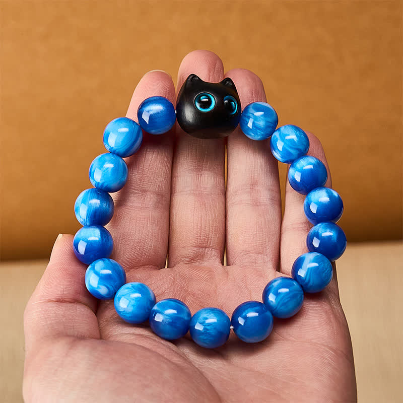 Buddha Stones Bracciale a forma di gatto con perline di resina blu e legno di ebano. - image 5