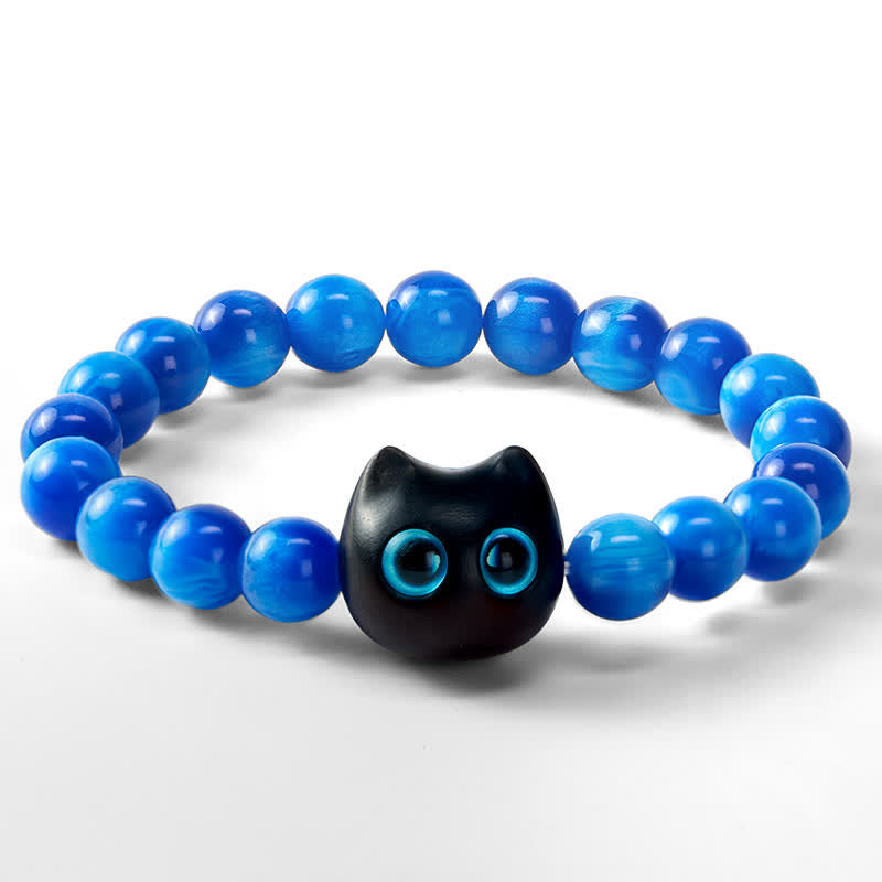 Buddha Stones Bracciale a forma di gatto con perline di resina blu e legno di ebano. - image 15