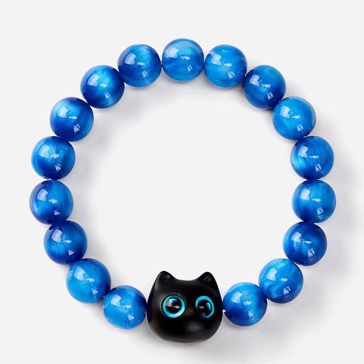 Buddha Stones Bracciale a forma di gatto con perline di resina blu e legno di ebano. - image 2