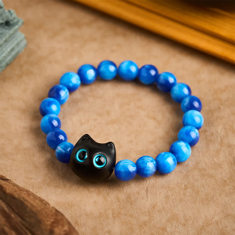 Buddha Stones Bracciale a forma di gatto con perline di resina blu e legno di ebano. - 10 mm (Circonferenza del polso: 6,3-6,7 pollici / 16-17 cm) - image 9