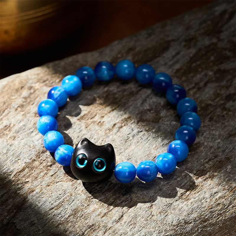 Buddha Stones Bracciale a forma di gatto con perline di resina blu e legno di ebano. - image 12