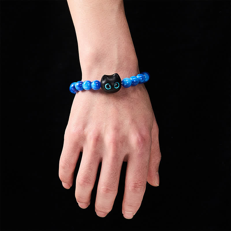 Buddha Stones Bracciale a forma di gatto con perline di resina blu e legno di ebano. - image 13