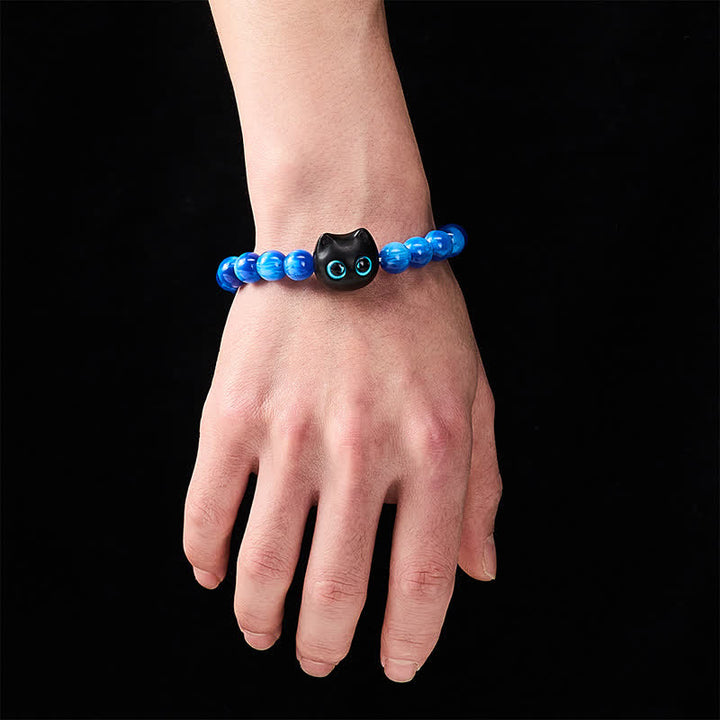 Buddha Stones Bracciale a forma di gatto con perline di resina blu e legno di ebano. - image 13