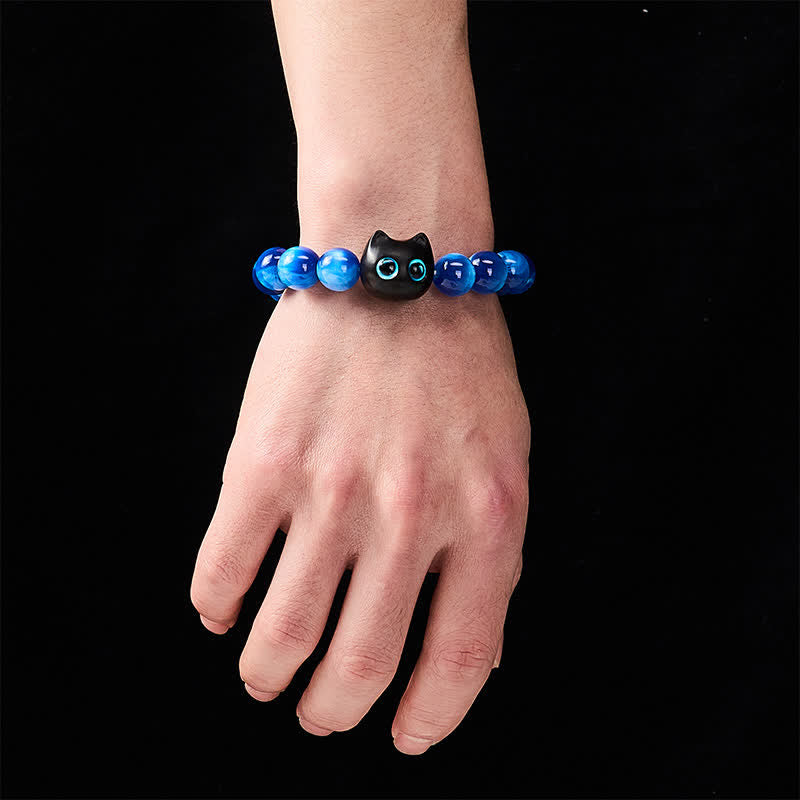 Buddha Stones Bracciale a forma di gatto con perline di resina blu e legno di ebano. - image 4