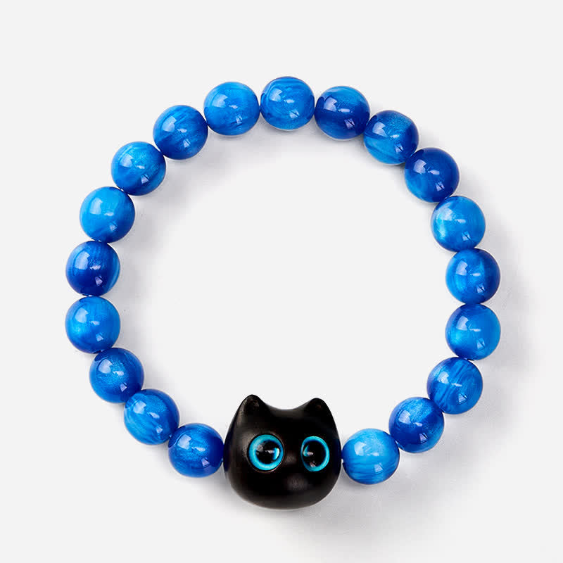 Buddha Stones Bracciale a forma di gatto con perline di resina blu e legno di ebano. - image 11