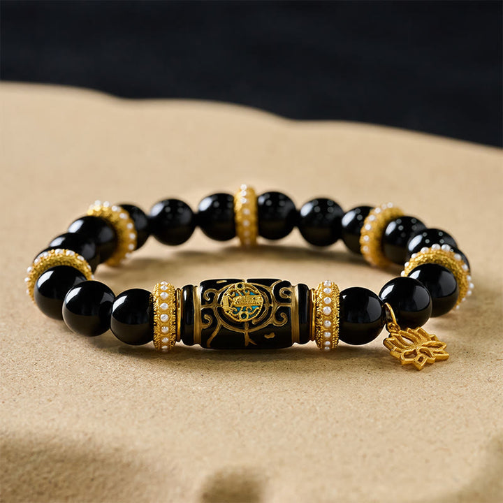 Buddha Stones Bracciale con ciondolo a forma di loto in resina di ossidiana nera, perline a barilotto, protezione e perline rotonde. - image 7