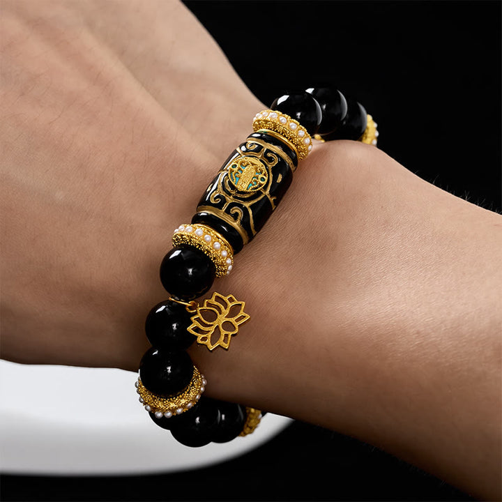 Buddha Stones Bracciale con ciondolo a forma di loto in resina di ossidiana nera, perline a barilotto, protezione e perline rotonde. - image 4