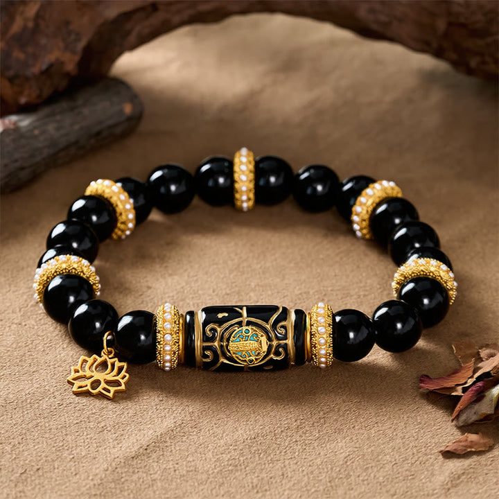 Buddha Stones Bracciale con ciondolo a forma di loto in resina di ossidiana nera, perline a barilotto, protezione e perline rotonde. - image 2