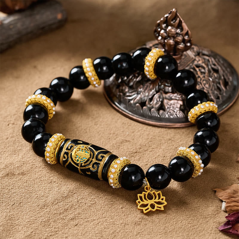 Buddha Stones Bracciale con ciondolo a forma di loto in resina di ossidiana nera, perline a barilotto, protezione e perline rotonde. - image 3