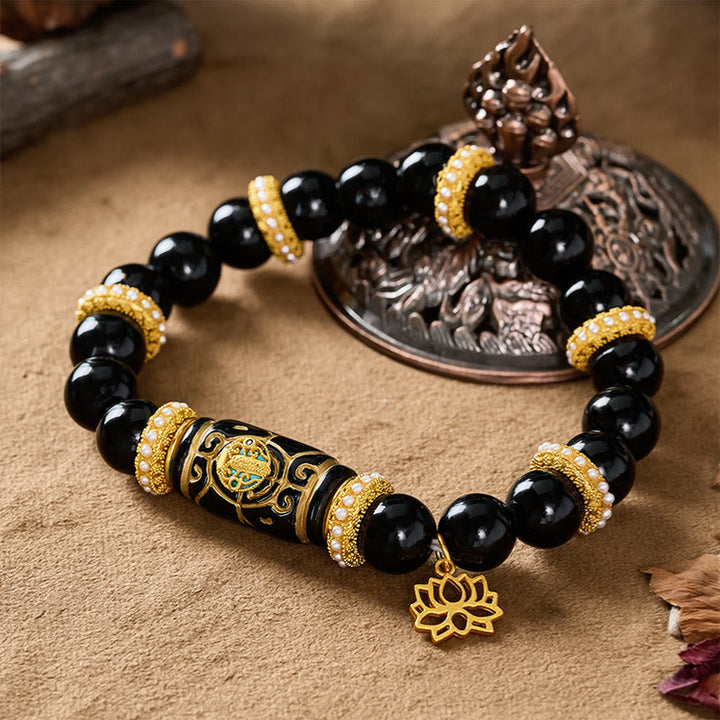 Buddha Stones Bracciale con ciondolo a forma di loto in resina di ossidiana nera, perline a barilotto, protezione e perline rotonde. - image 3