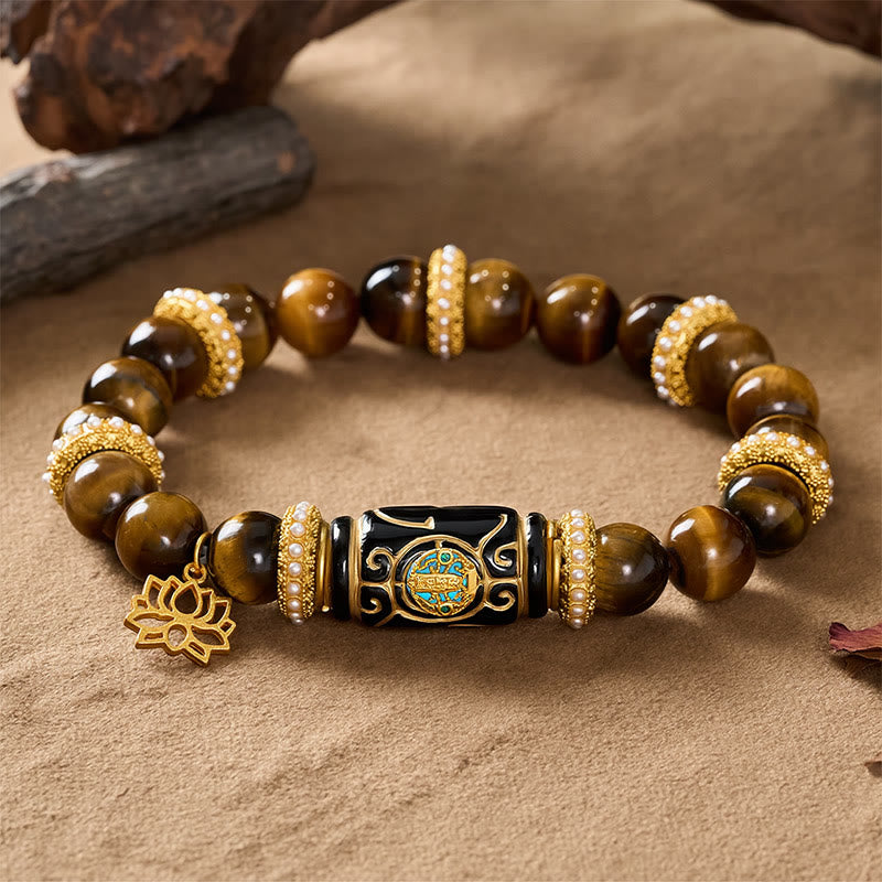 Buddha Stones Ciondolo a forma di loto in resina occhio di tigre giallo naturale, bracciale con perline rotonde della fiducia in sé stessi. - image 2