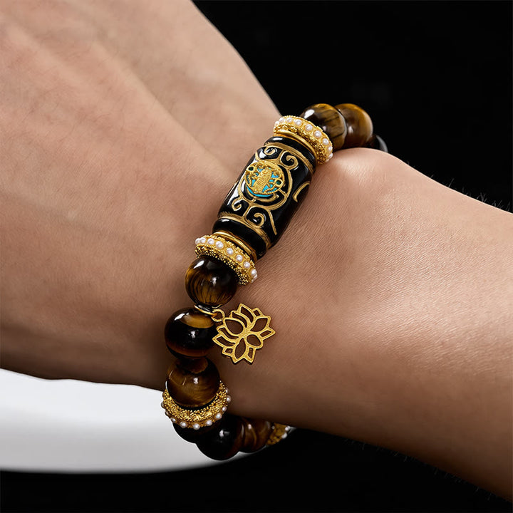 Buddha Stones Ciondolo a forma di loto in resina occhio di tigre giallo naturale, bracciale con perline rotonde della fiducia in sé stessi. - image 4