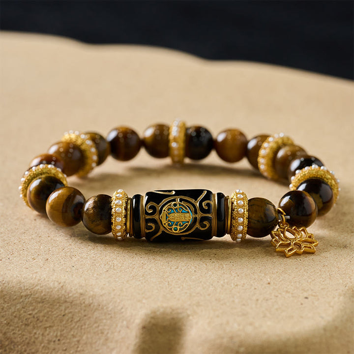 Buddha Stones Ciondolo a forma di loto in resina occhio di tigre giallo naturale, bracciale con perline rotonde della fiducia in sé stessi. - image 7