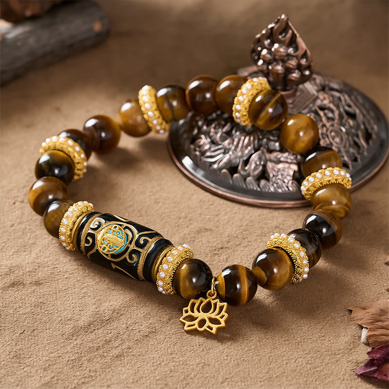 Buddha Stones Ciondolo a forma di loto in resina occhio di tigre giallo naturale, bracciale con perline rotonde della fiducia in sé stessi. - image 3
