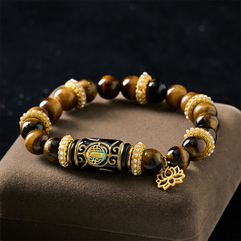 Buddha Stones Ciondolo a forma di loto in resina occhio di tigre giallo naturale, bracciale con perline rotonde della fiducia in sé stessi. - image 1