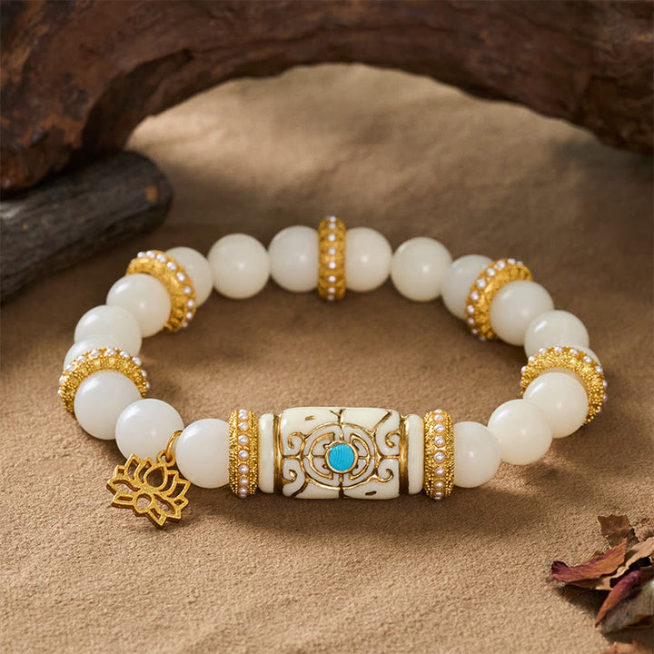 Buddha Stones Bracciale da meditazione rotondo con ciondolo a forma di loto in resina bianca con semi di Bodhi e barilotto, ideale per la meditazione. - image 7
