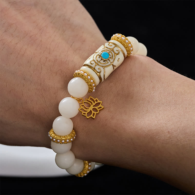 Buddha Stones Bracciale da meditazione rotondo con ciondolo a forma di loto in resina bianca con semi di Bodhi e barilotto, ideale per la meditazione. - image 4