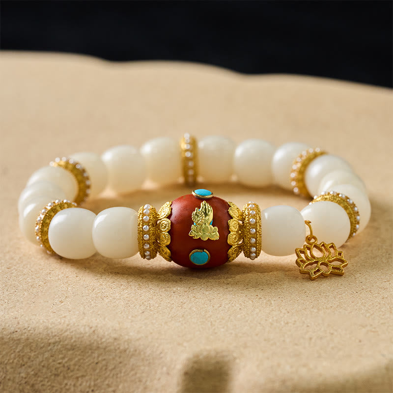 Buddha Stones Braccialetto con ciondolo ovale arancione a forma di loto, inciso tibetano e seme di Bodhi bianco, portafortuna. Braccialetto con perline portafortuna. - image 1