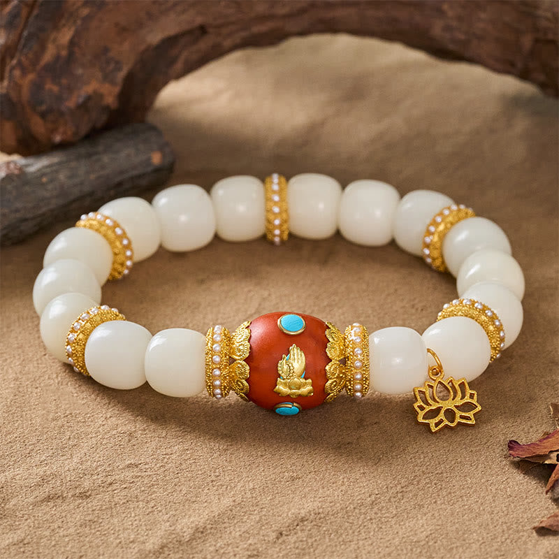 Buddha Stones Braccialetto con ciondolo ovale arancione a forma di loto, inciso tibetano e seme di Bodhi bianco, portafortuna. Braccialetto con perline portafortuna. - image 8