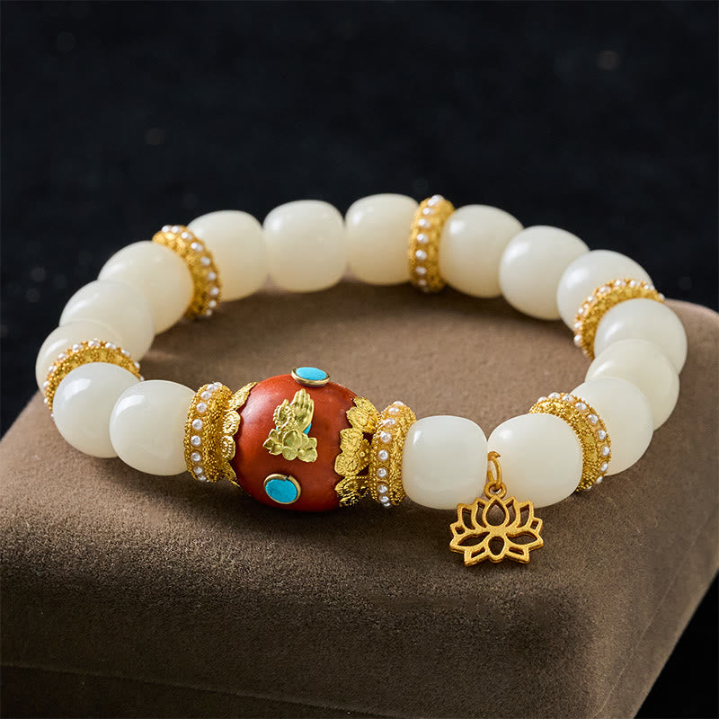 Buddha Stones Braccialetto con ciondolo ovale arancione a forma di loto, inciso tibetano e seme di Bodhi bianco, portafortuna. Braccialetto con perline portafortuna. - Seme di Bodhi bianco (Circonferenza del polso: 18-19 cm) - image 0