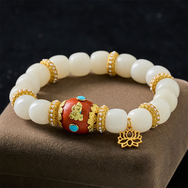 Buddha Stones Braccialetto con ciondolo ovale arancione a forma di loto, inciso tibetano e seme di Bodhi bianco, portafortuna. Braccialetto con perline portafortuna. - Seme di Bodhi bianco (Circonferenza del polso: 18-19 cm) - image 0