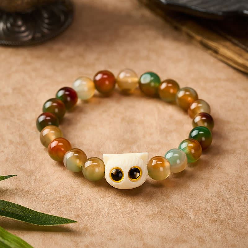 Buddha Stones Braccialetto con gatto da frutta, agata pavone e avorio, simbolo di coraggio - image 1
