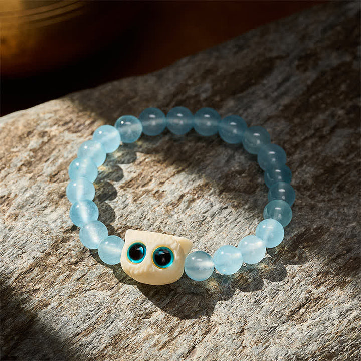 Buddha Stones Braccialetto Power con gatto e frutta in avorio e calcedonio blu. - image 3