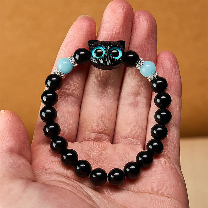 Buddha Stones Braccialetto con perline a forma di testa di gatto, in giada bianca e ossidiana nera, con simbolo di purezza. - image 18