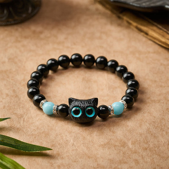 Buddha Stones Braccialetto con perline a forma di testa di gatto, in giada bianca e ossidiana nera, con simbolo di purezza. - image 19