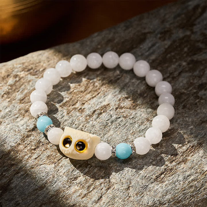 Buddha Stones Bracciale con perline di purezza a forma di testa di gatto con occhi grandi, in ossidiana nera e calcedonio bianco - image 7