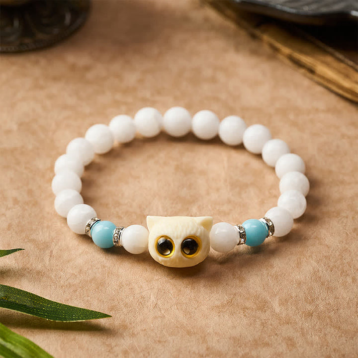 Buddha Stones Bracciale con perline di purezza a forma di testa di gatto con occhi grandi, in ossidiana nera e calcedonio bianco - image 3