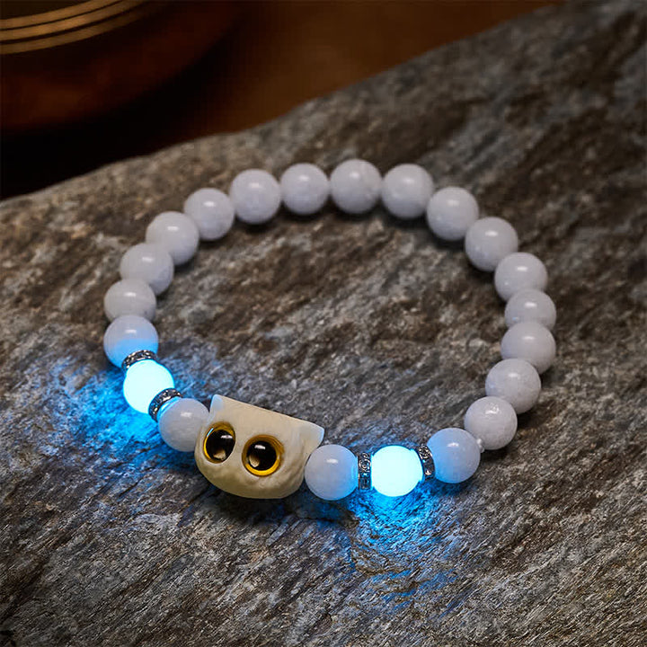 Buddha Stones Bracciale con perline di purezza a forma di testa di gatto con occhi grandi, in ossidiana nera e calcedonio bianco - image 4