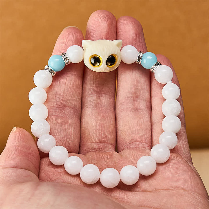 Buddha Stones Bracciale con perline di purezza a forma di testa di gatto con occhi grandi, in ossidiana nera e calcedonio bianco - image 6