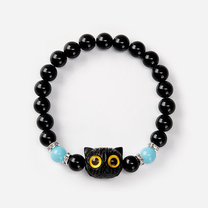 Buddha Stones Bracciale con perline di purezza a forma di testa di gatto con occhi grandi, in ossidiana nera e calcedonio bianco - image 16