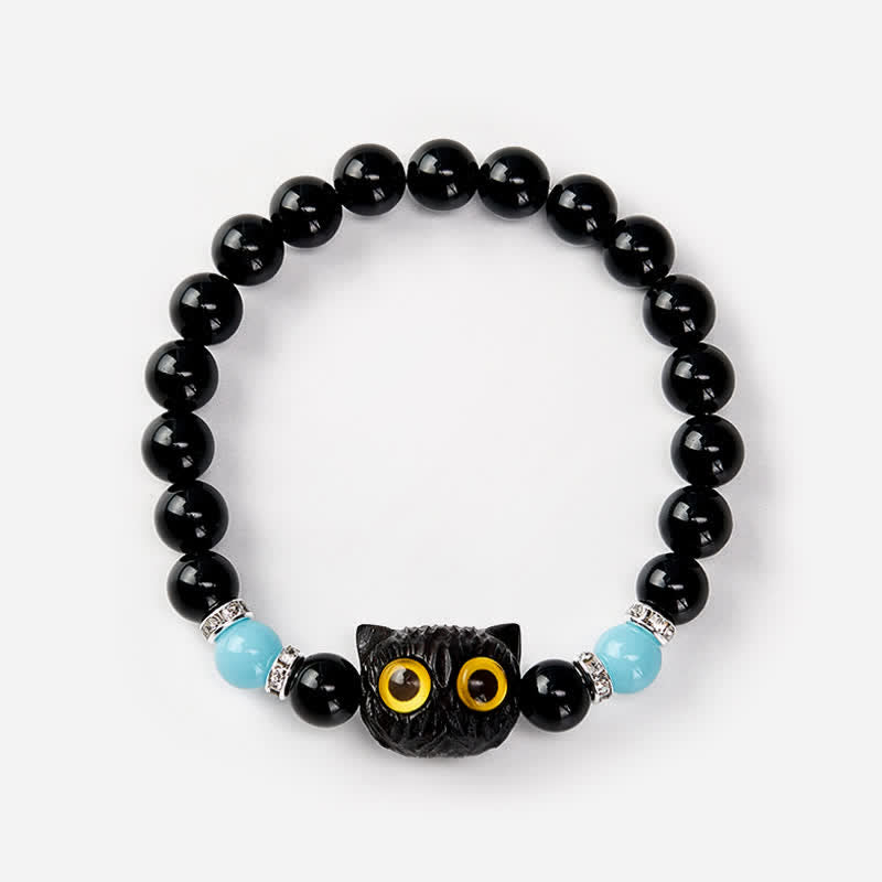 Buddha Stones Bracciale con perline di purezza a forma di testa di gatto con occhi grandi, in ossidiana nera e calcedonio bianco - image 17