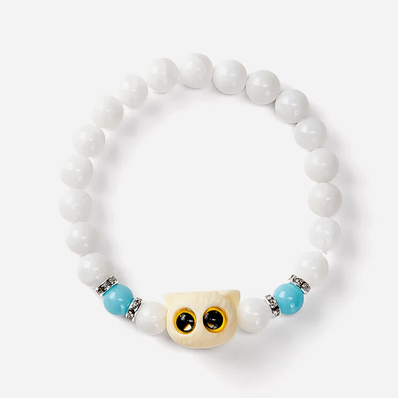 Buddha Stones Bracciale con perline di purezza a forma di testa di gatto con occhi grandi, in ossidiana nera e calcedonio bianco - image 8