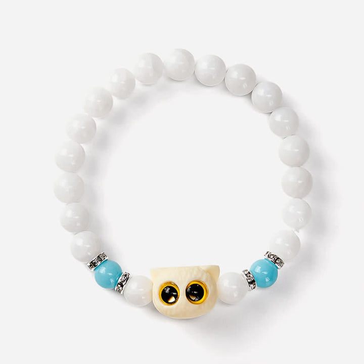 Buddha Stones Bracciale con perline di purezza a forma di testa di gatto con occhi grandi, in ossidiana nera e calcedonio bianco - image 8